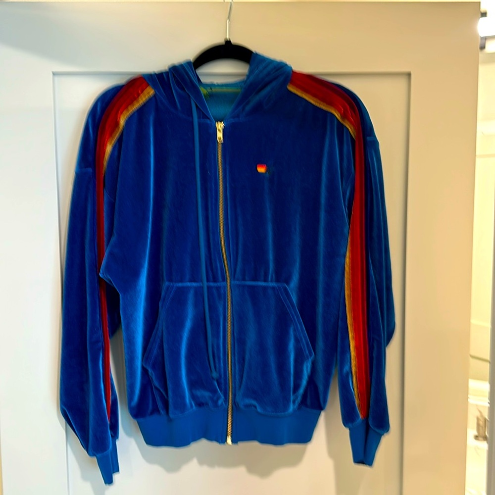 NWOT Aviator Nation Vintage Blue Relaxed Full Zip Jogger Velour S Hooded Jacket